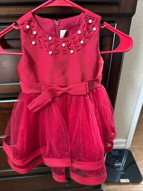 Girls Red Pearl-Embellished Tulle Party Dress with Bow